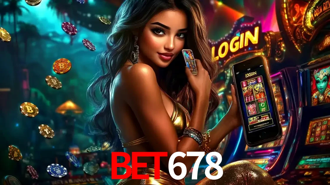 Mulher em um cenário de cassino temático de aventura, mostrando o app de caça-níqueis da bet678 no celular. Fichas de apostas flutuam ao redor.