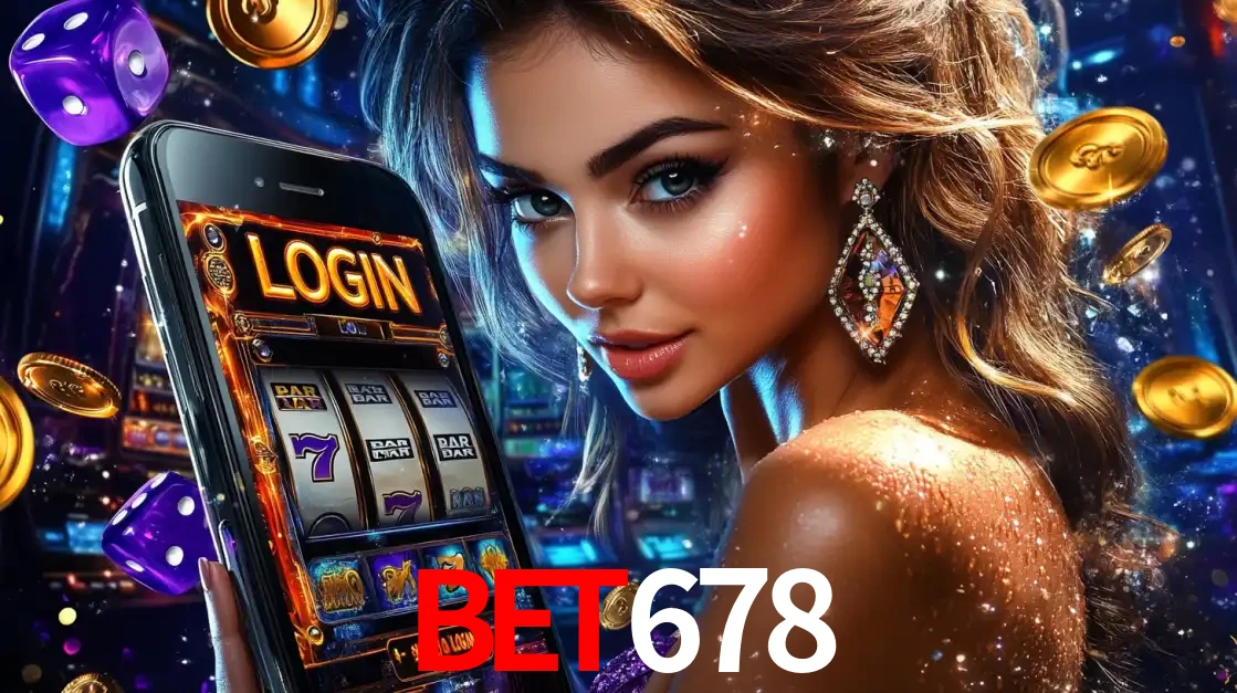 Mulher glamorosa segurando um smartphone com a tela de login para os jogos de caça-níqueis do cassino online bet678, com moedas de ouro e dados ao redor.