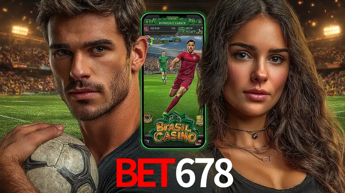 Homem segurando uma bola de futebol e uma mulher ao lado de um smartphone exibindo o jogo de apostas esportivas da bet678. Faça seu palpite no cassino online.